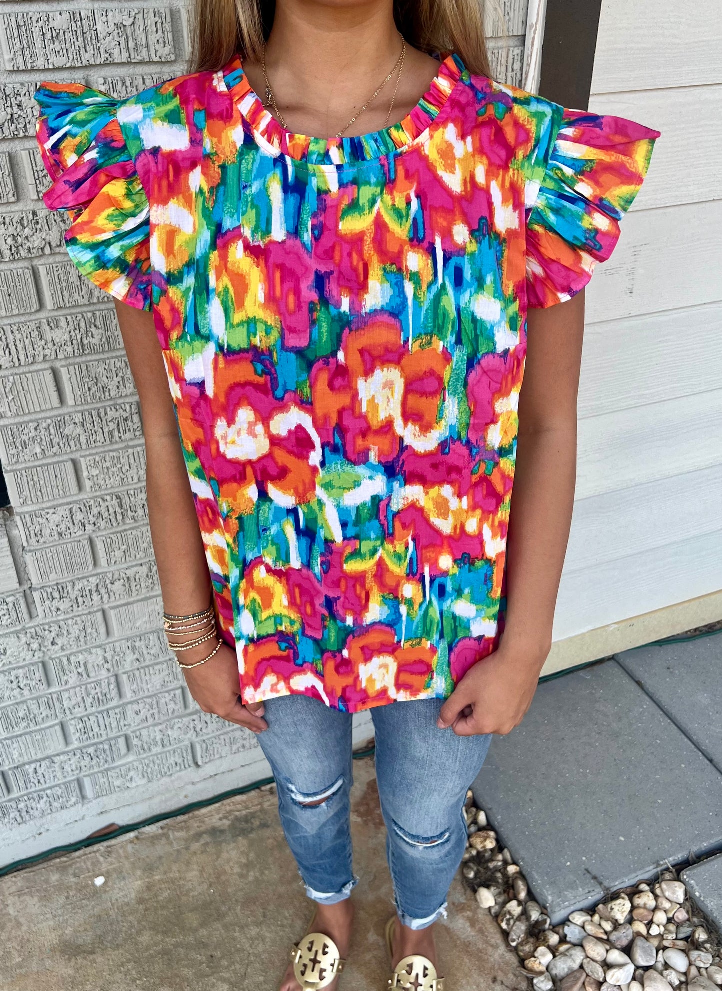 Abstract Floral Flutter Sleeve Top