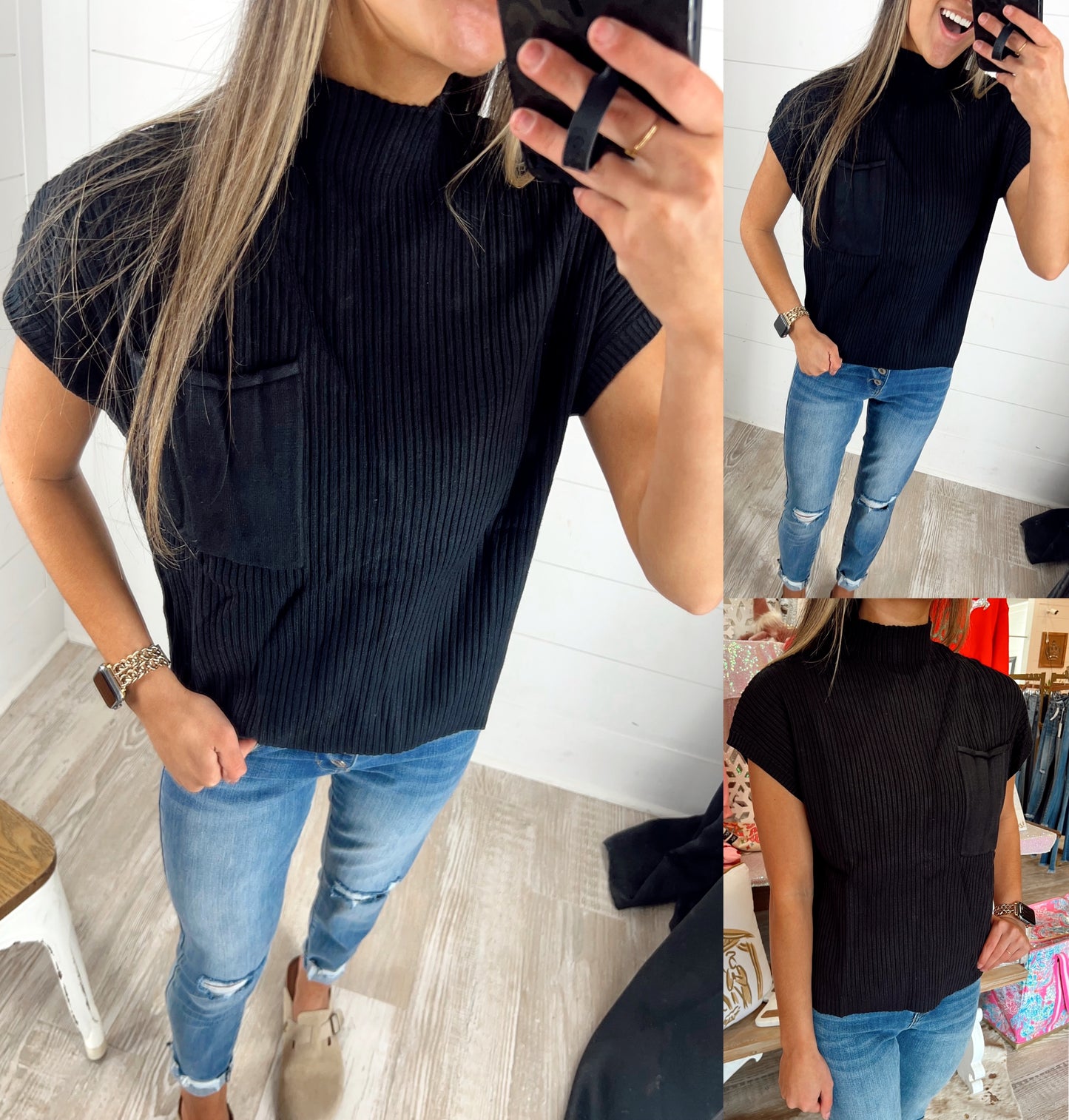Black Pocket Rib Knit Sleeveless Sweater