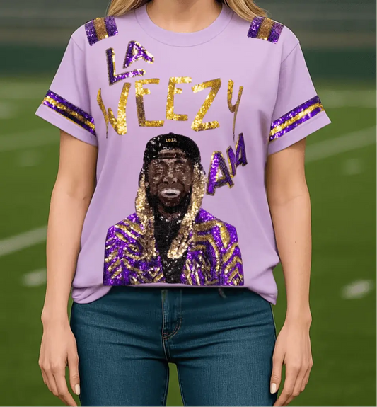 Gameday Purple and Gold La Weezy Ana Tigers Sequin T-Shirt