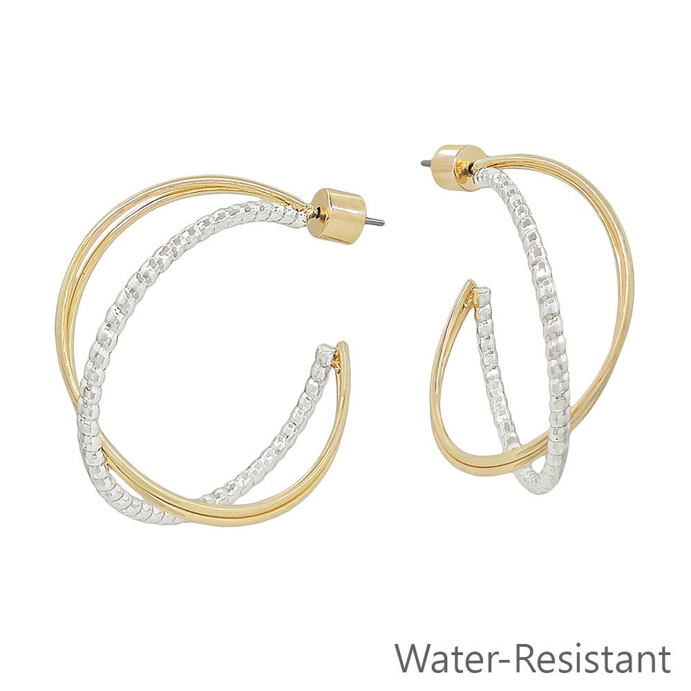 Gold and Silver Textured Twisted X 1.25" Hoop Earrings