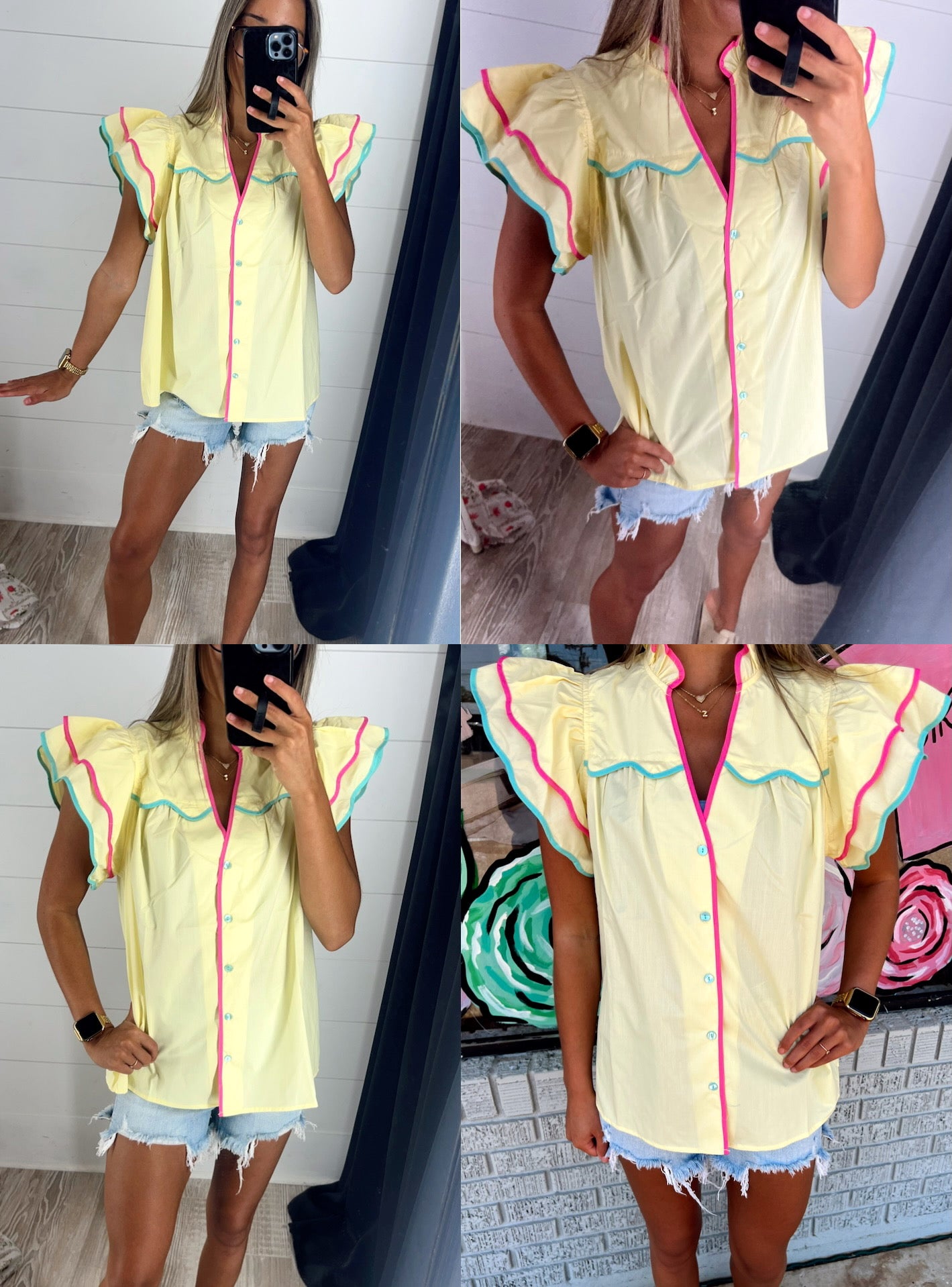 Lemon Ruffle Neck Flutter Sleeve Top