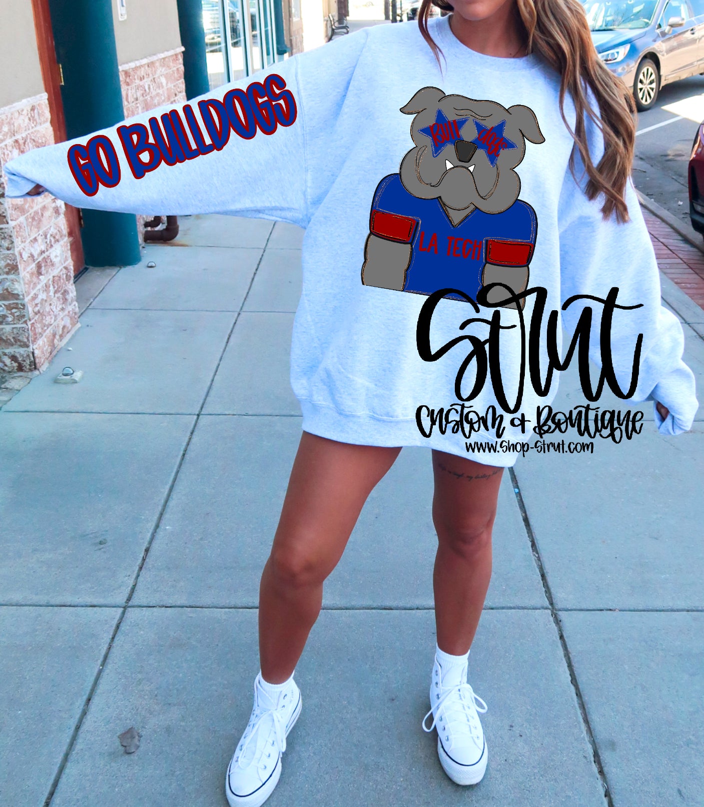LA Tech Bulldogs - Front & sleeve Preppy Mascot Longsleeve or Sweatshirt
