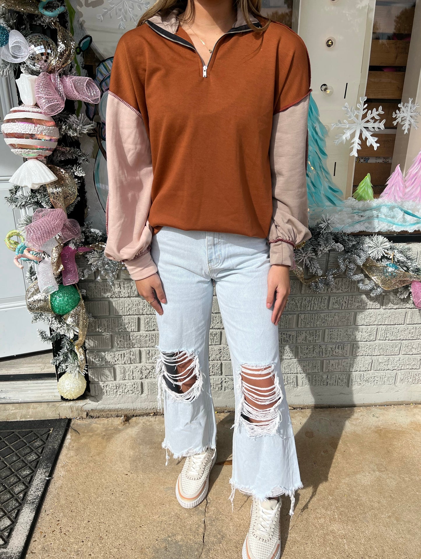 Multicolor Terry Knit Color Block Zip Up Pullover