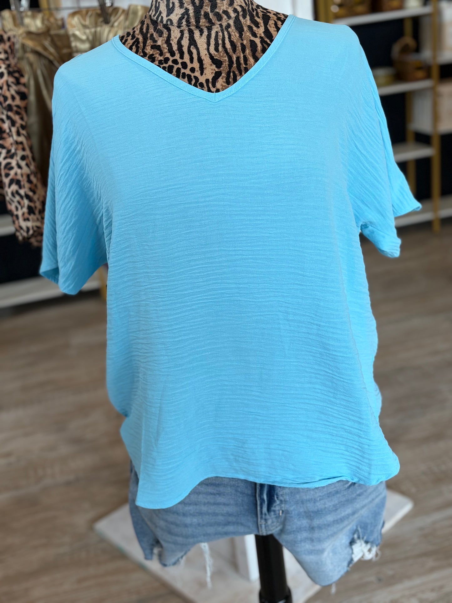 Woven Airflow V-Neck Short Sleeve Top - Sky Blue