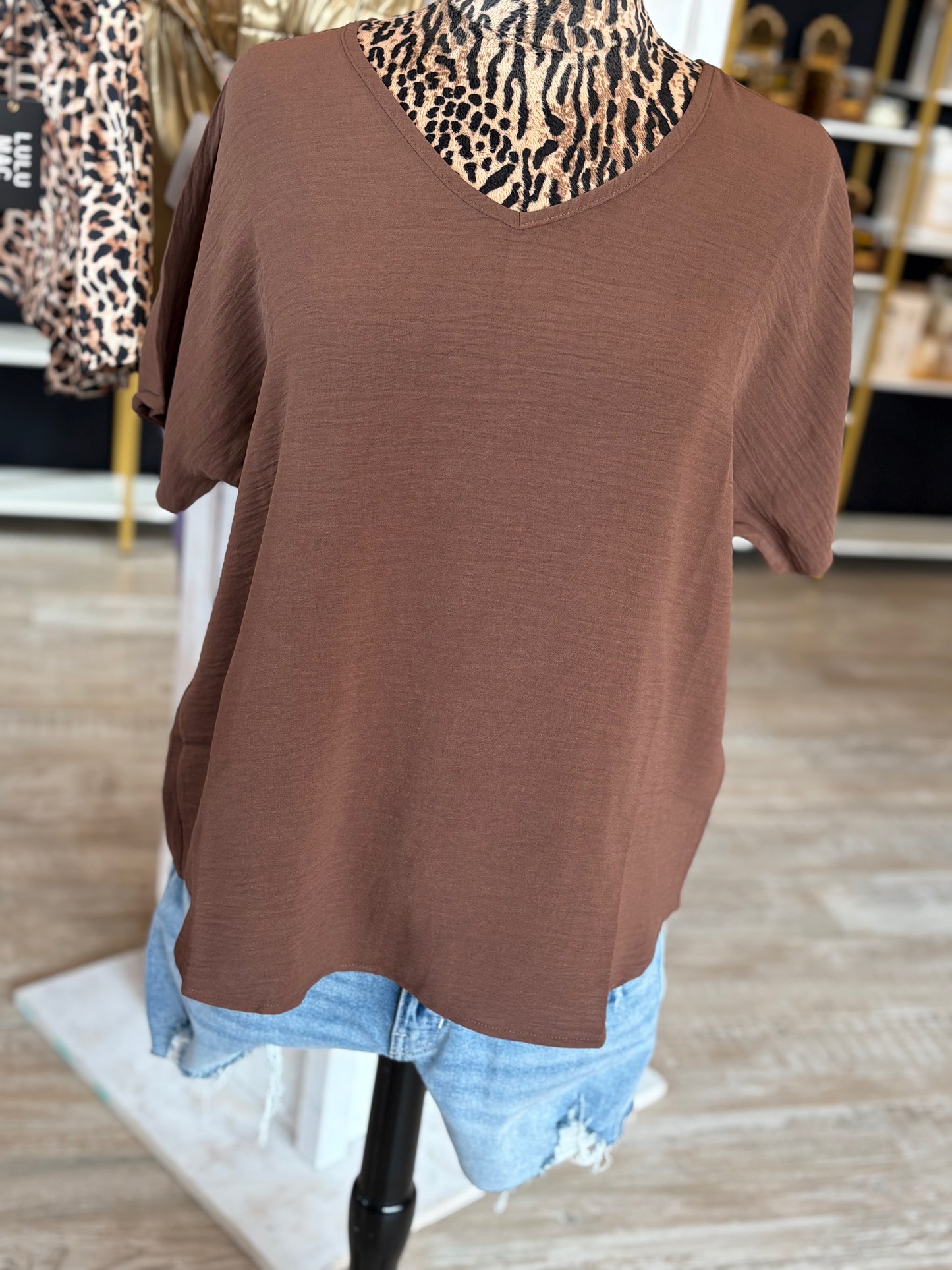 Woven Airflow V-Neck Short Sleeve Top - Brown