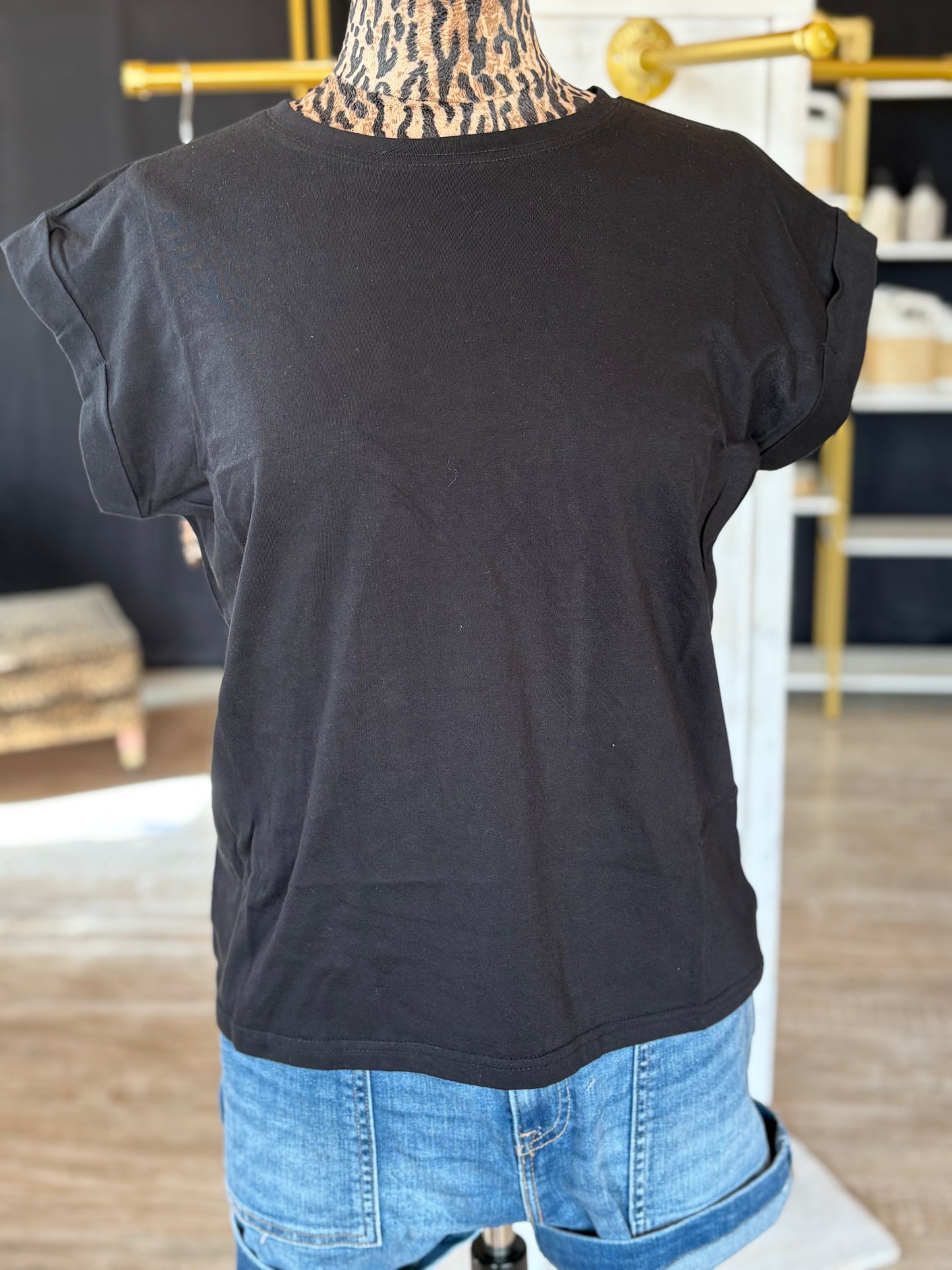 Black - Round Neck Folded Short Sleeve T-Shirt