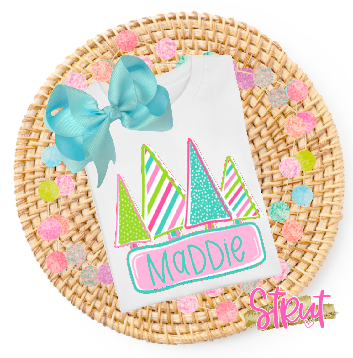 Girls Christmas Trees With Name Tee - Choose Color Shirt