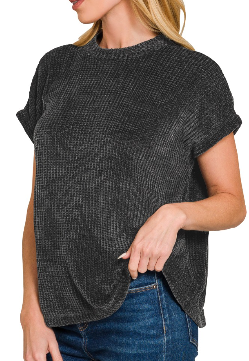 Chenille Waffle Cap Sleeve Sweater - Black