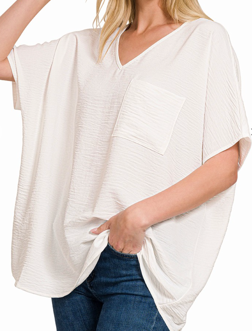 Woven Airflow V-Neck Dolman Short Sleeve Top - Off White