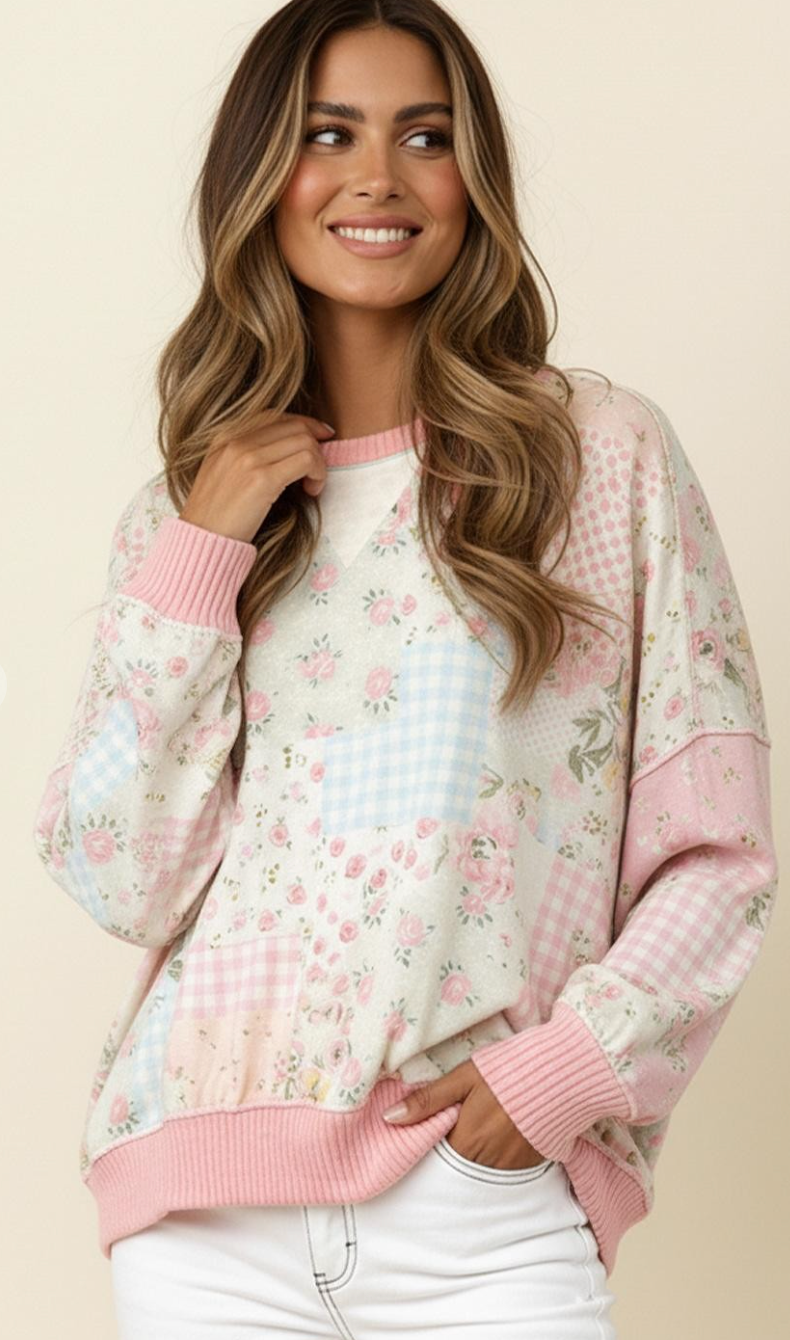 Triangle Oversized Long Sleeve Patchwork Top - Blush/Pink
