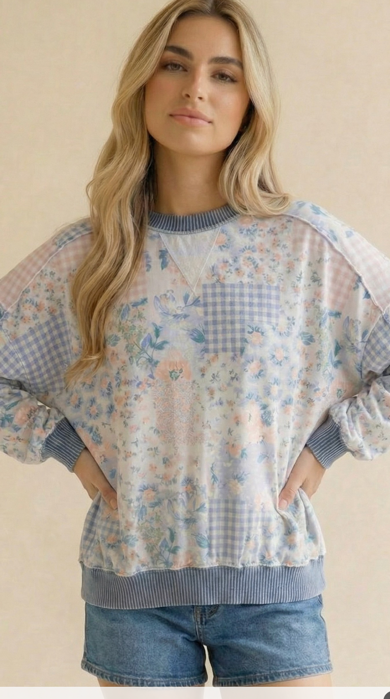 Triangle Oversized Long Sleeve Patchwork Top - Light Blue/Denim