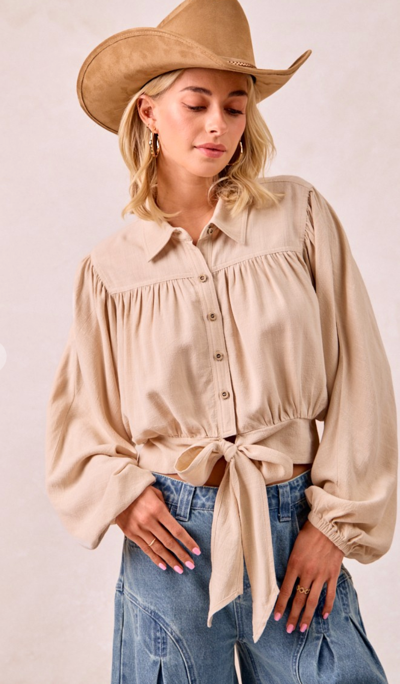 Linen Viscose Tie Hem Detail Crop Blouse
