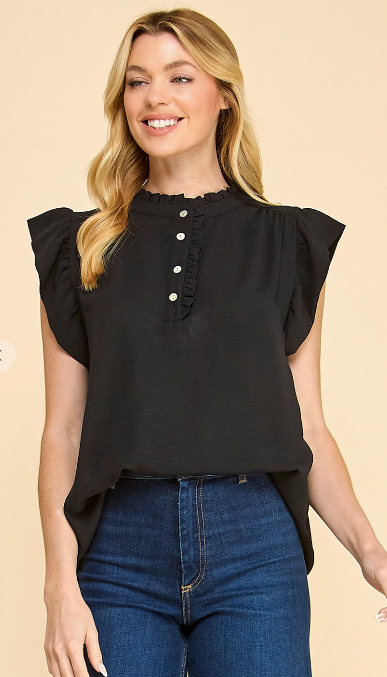 Short Sleeves With Ruffled Button Neck Detail - Black