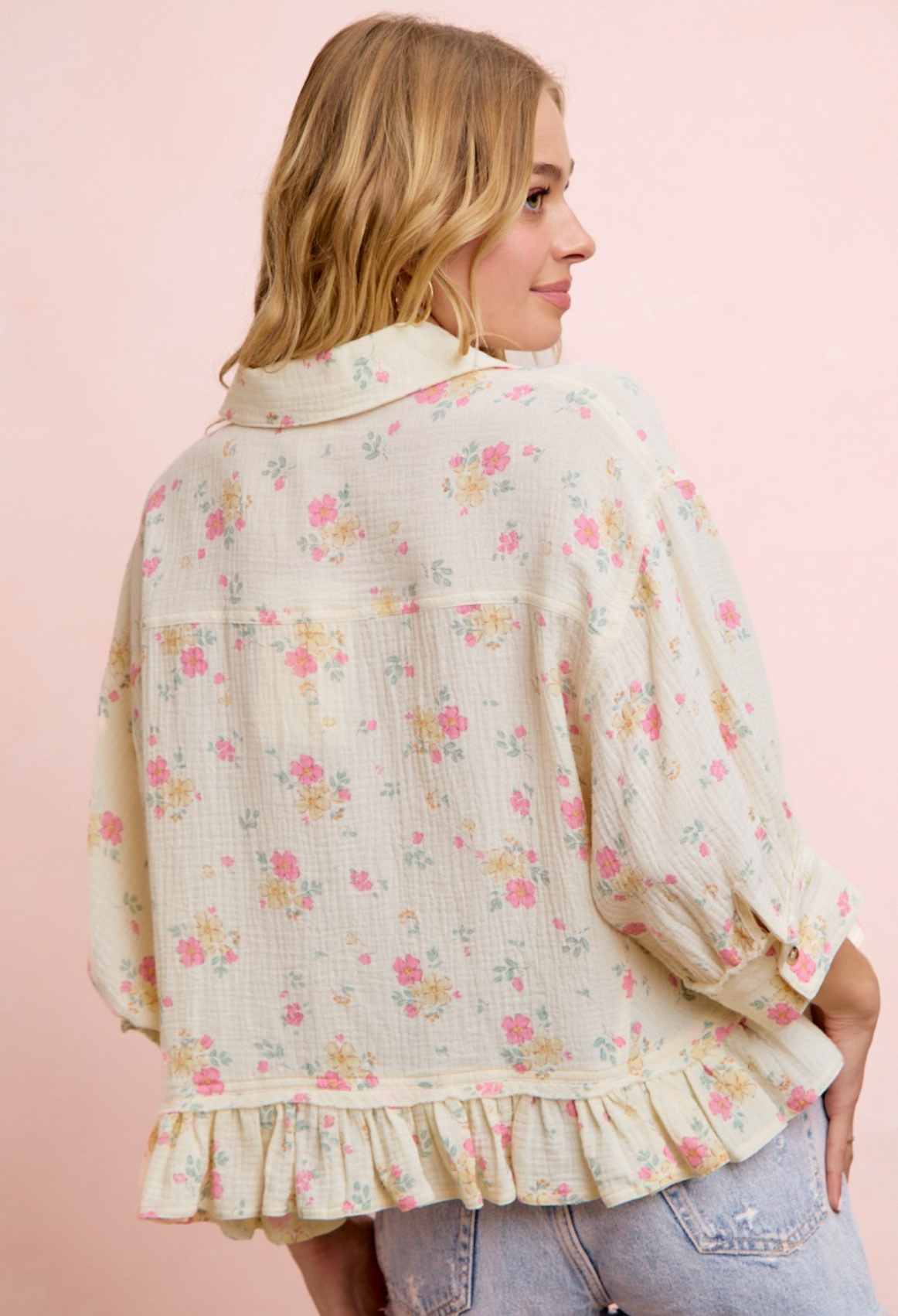 Floral Crinkle Quarter Sleeve Ruffle Hem Top