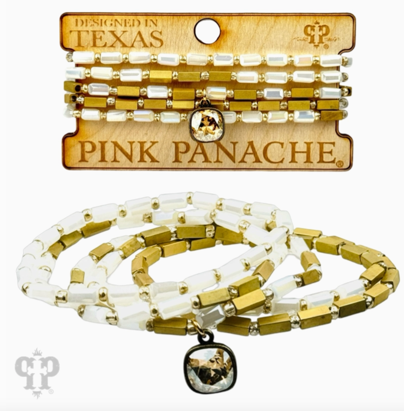 Pink Panache Vintage Look Gold and Opal Glass Bead Stacked Bracelet