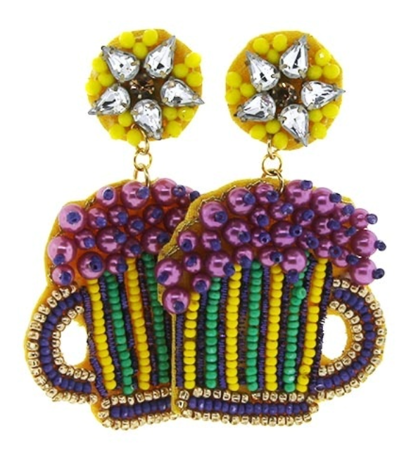 Beaded beer mug multi-colored Mardi Gras Earrings
