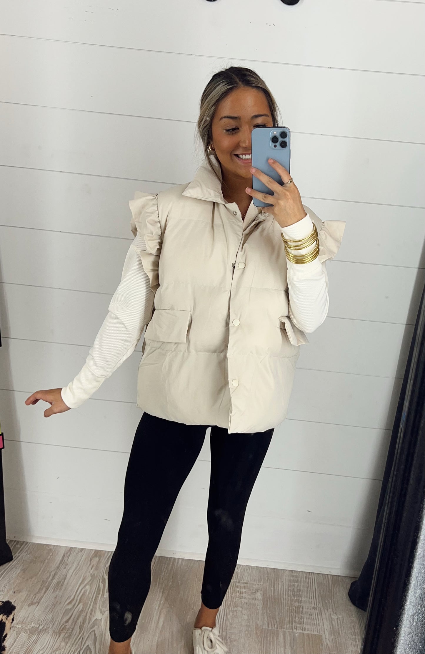 Ruffled Armhole Collared Puffer Vest