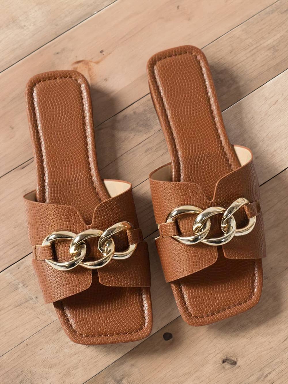 Metal Chain Decor Square Toe Faux Leather Slides