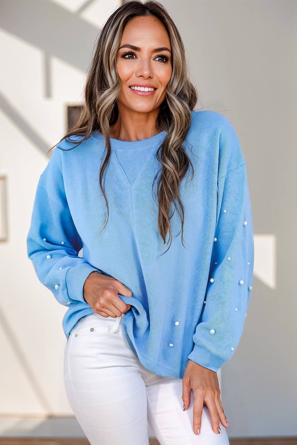 Chic Pearl Drop Shoulder Sweatshirt