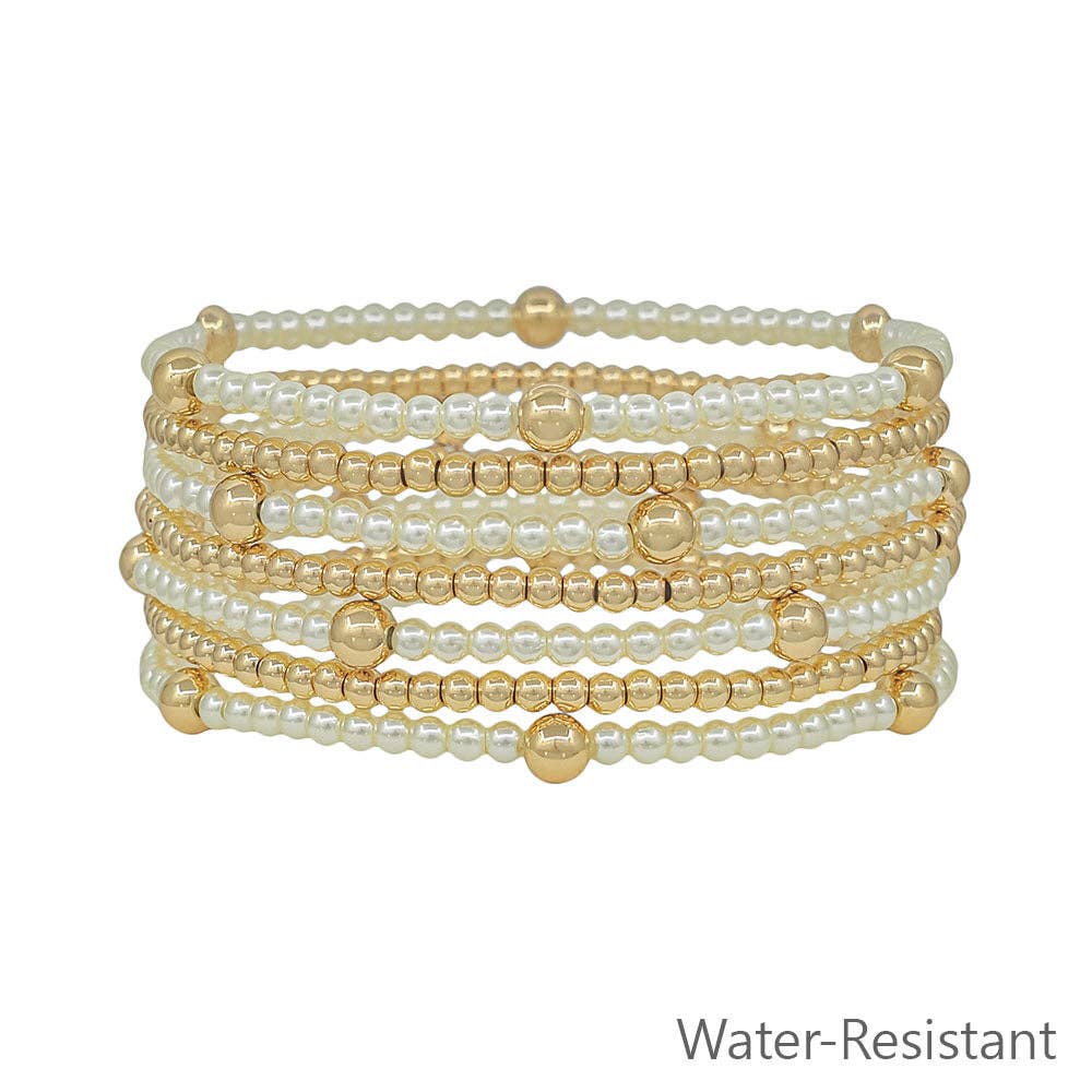 Pearl and Gold Beaded Set of 7 Stretch Bracelets