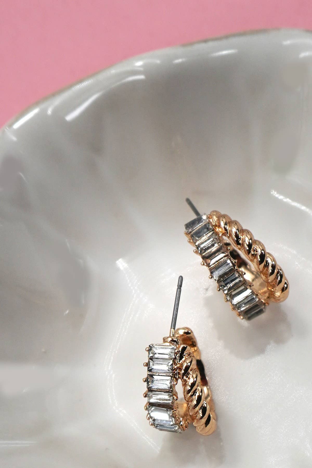 GOLD RHINESTONE INTWINED HUGGIE HOOP EARRINGS