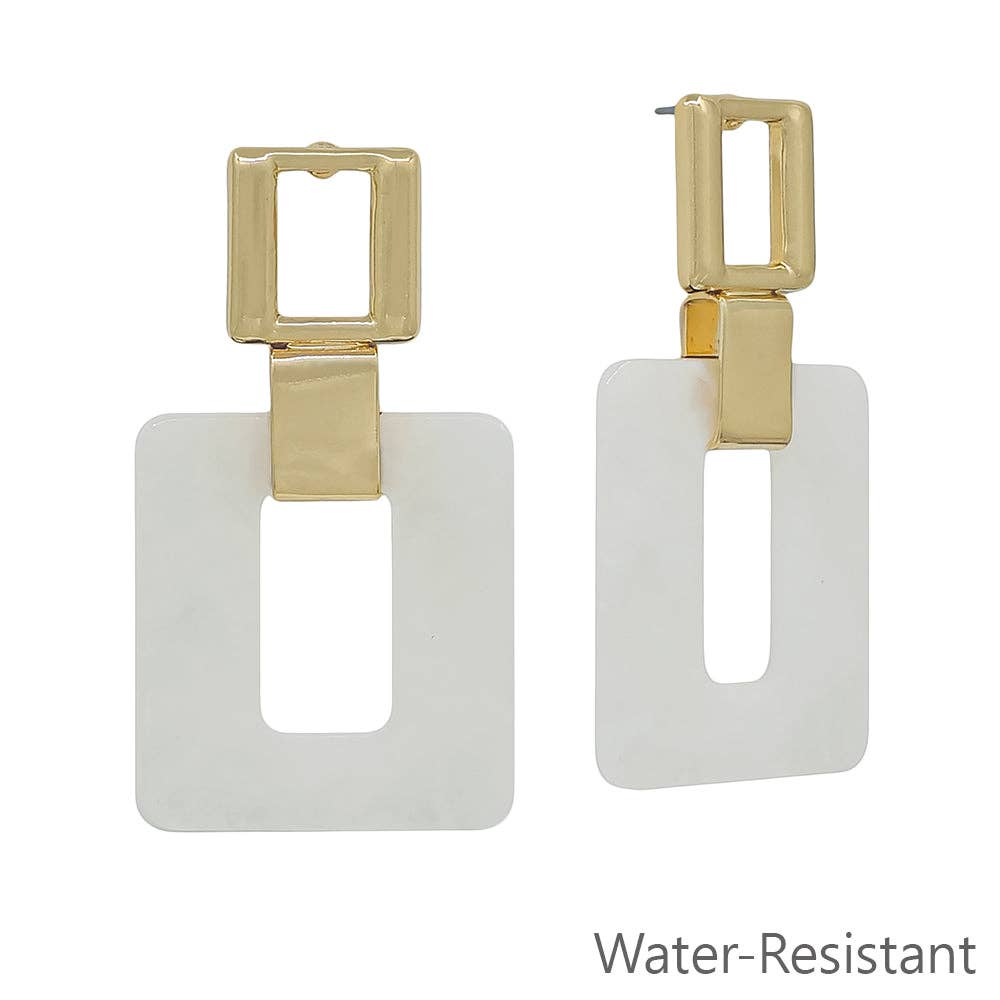 Gold with White Open Square 2" Earrings