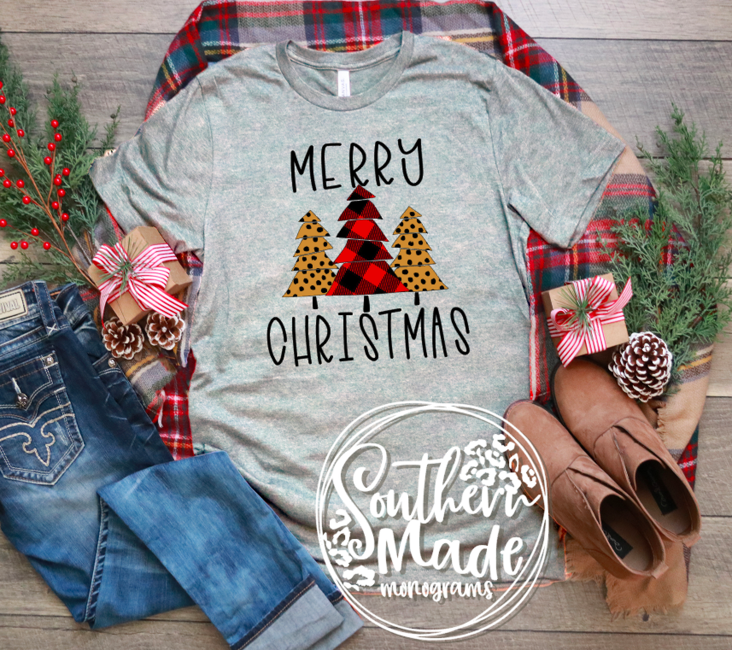 Merry Christmas - Leopard / Plaid Blocked Christmas Tree