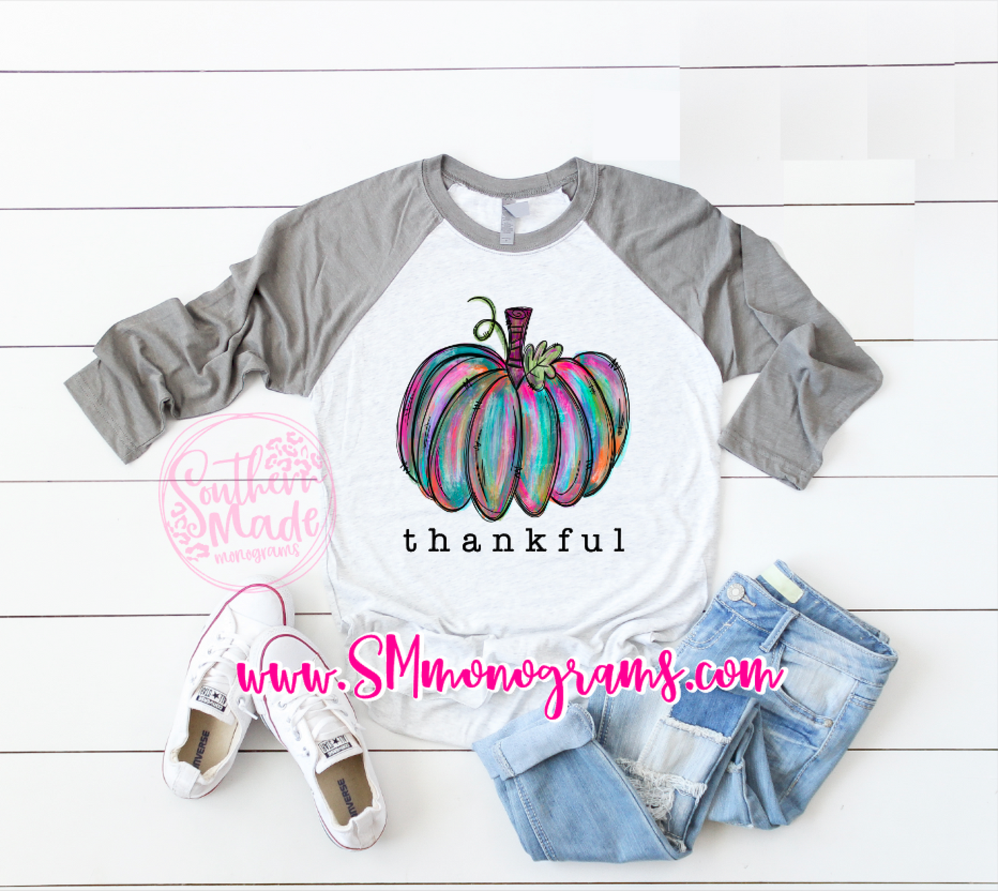 Thankful Watercolor Pumpkin Tee - Baseball Tee
