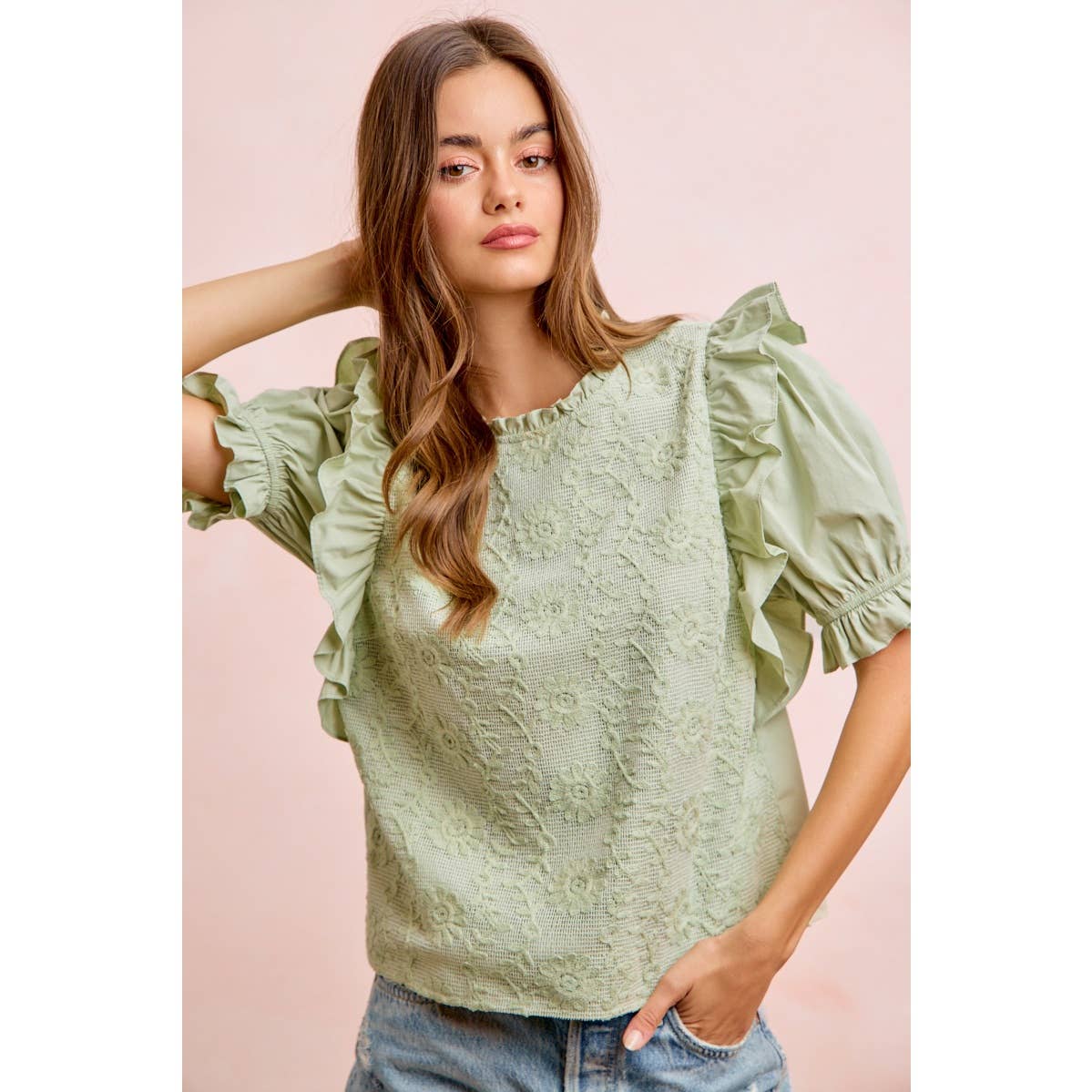 RUFFLED DETAIL PUFF SLEEVE CROCHET TOP