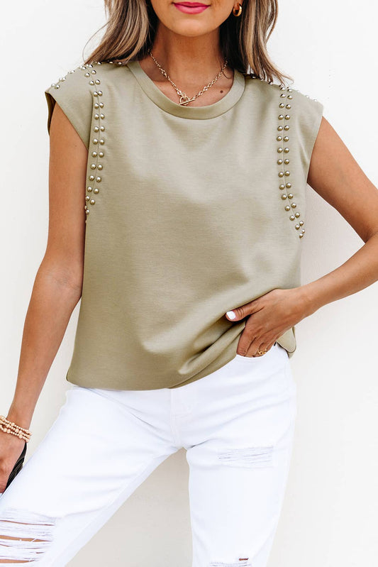 Studded Cap Sleeve Round Neck Top