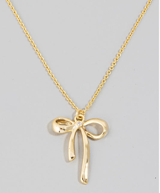 Gold Ribbon Bow Pendant Necklace