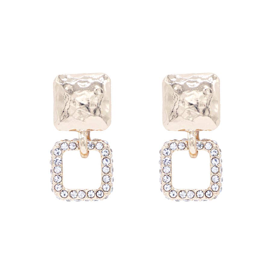 Gold Square with Rhinestone Square 1" Earrings