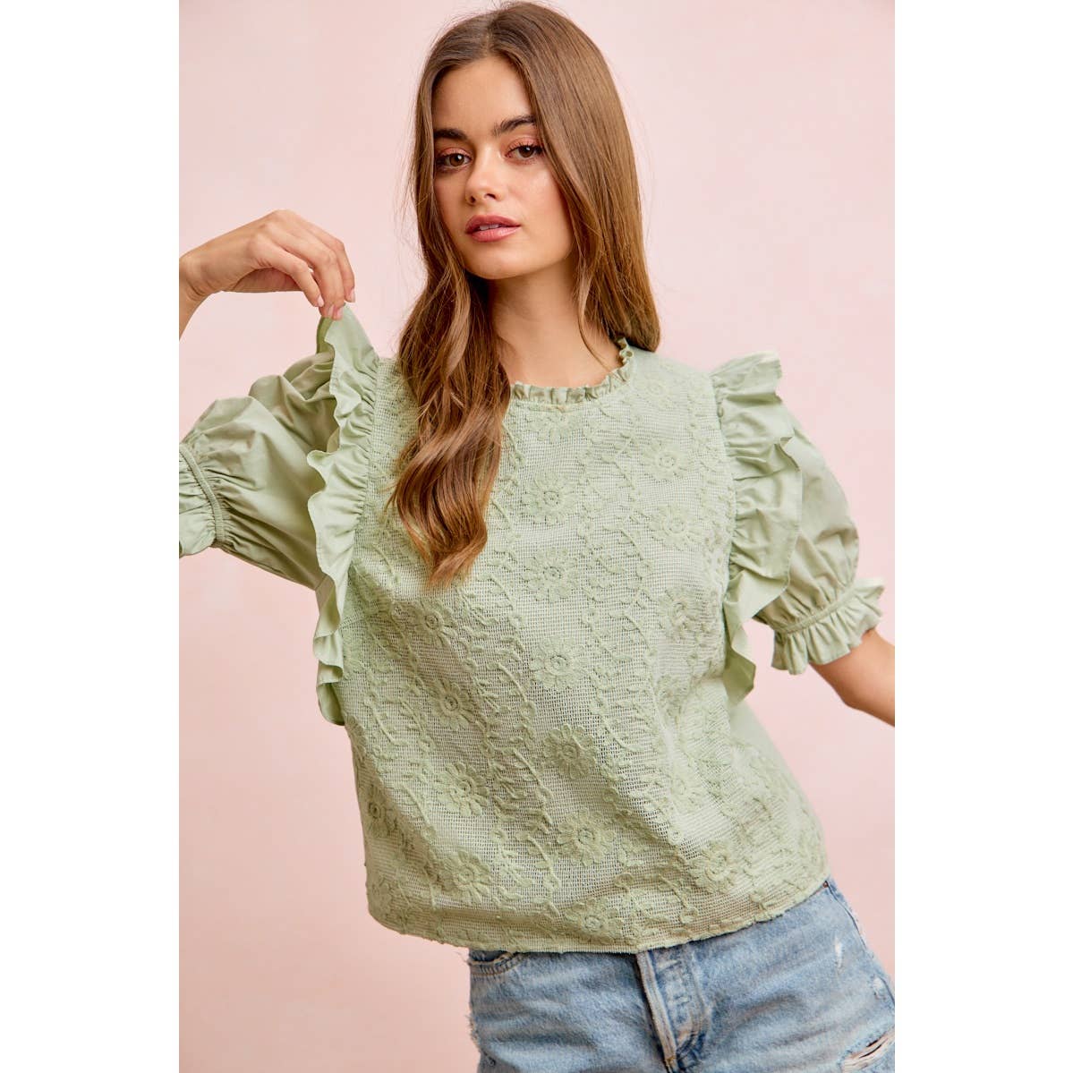 RUFFLED DETAIL PUFF SLEEVE CROCHET TOP