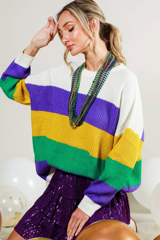 Mardi Gras Color Block Knitted Sweater