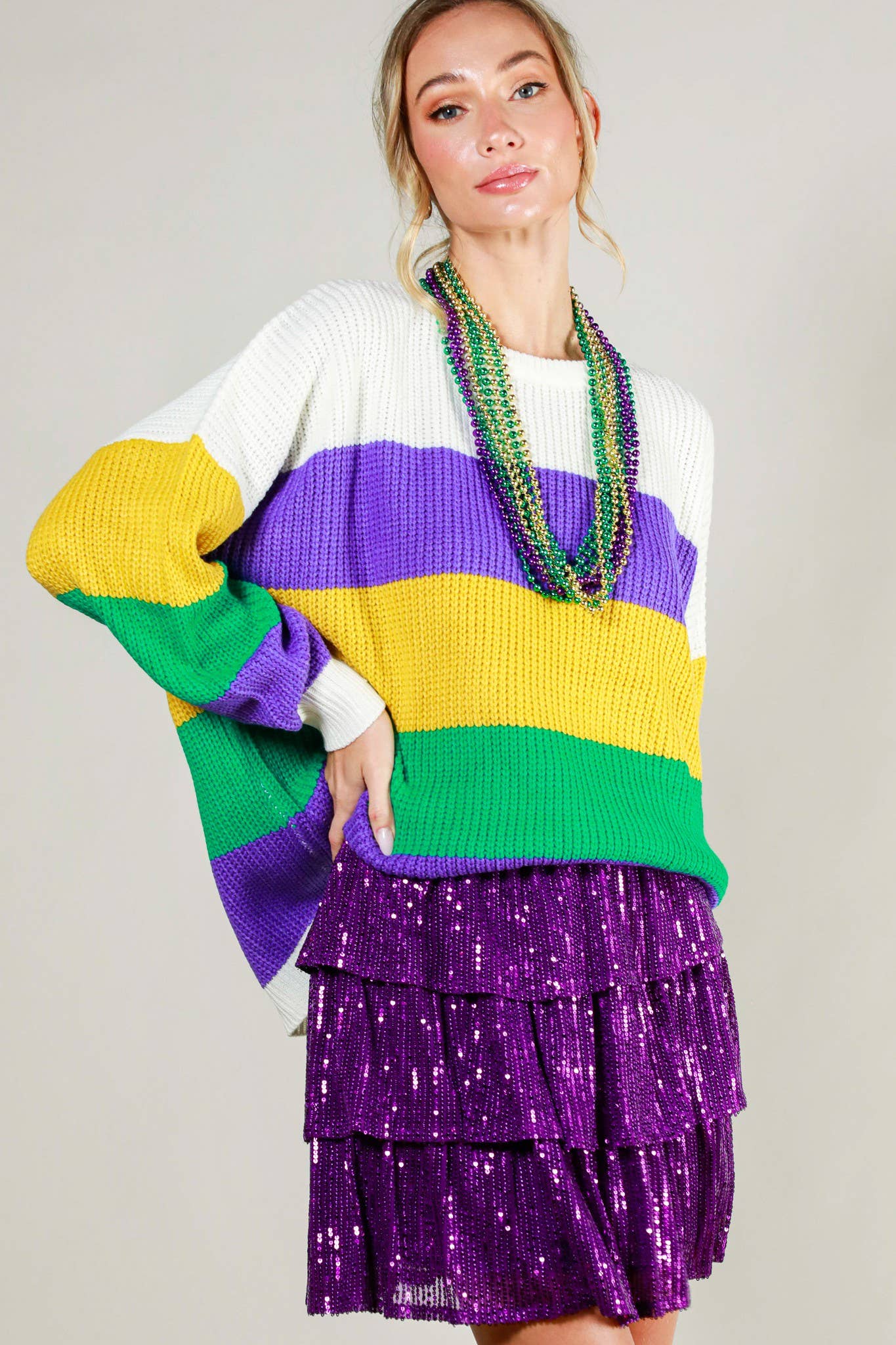 Mardi Gras Color Block Knitted Sweater
