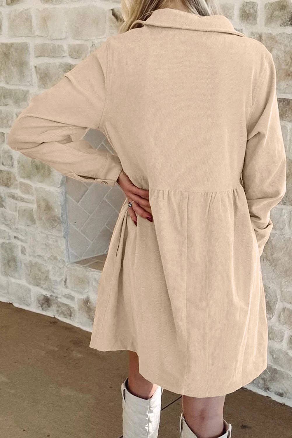 Corduroy Half Button Collared Long Sleeve Mini Dress