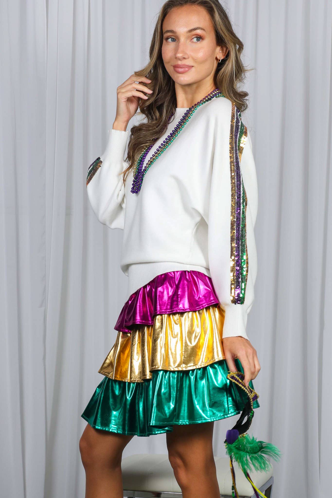 Mardi Gras Crew Neck Sequin Embellished Sweater