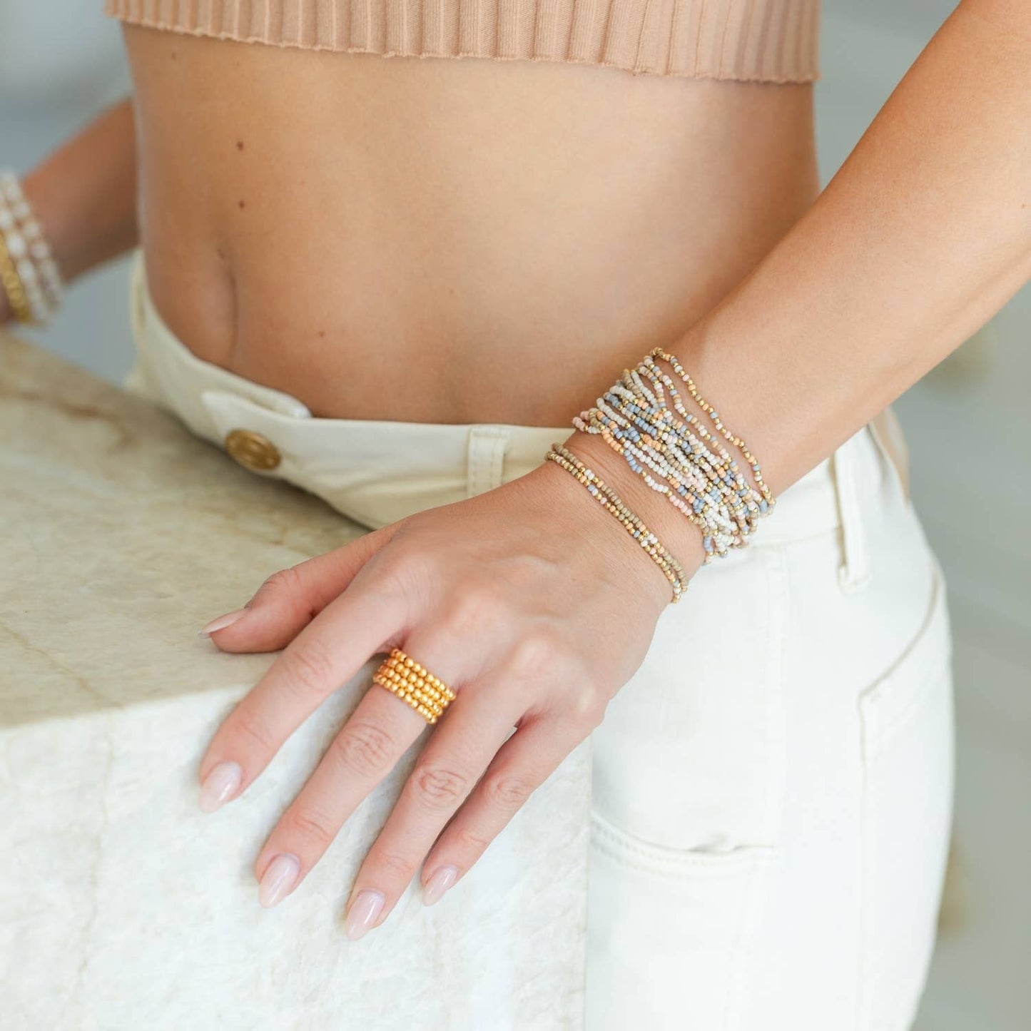 Assorted 2mm Stretch Seed Bead Bracelets: Taupe/Peach/Grey