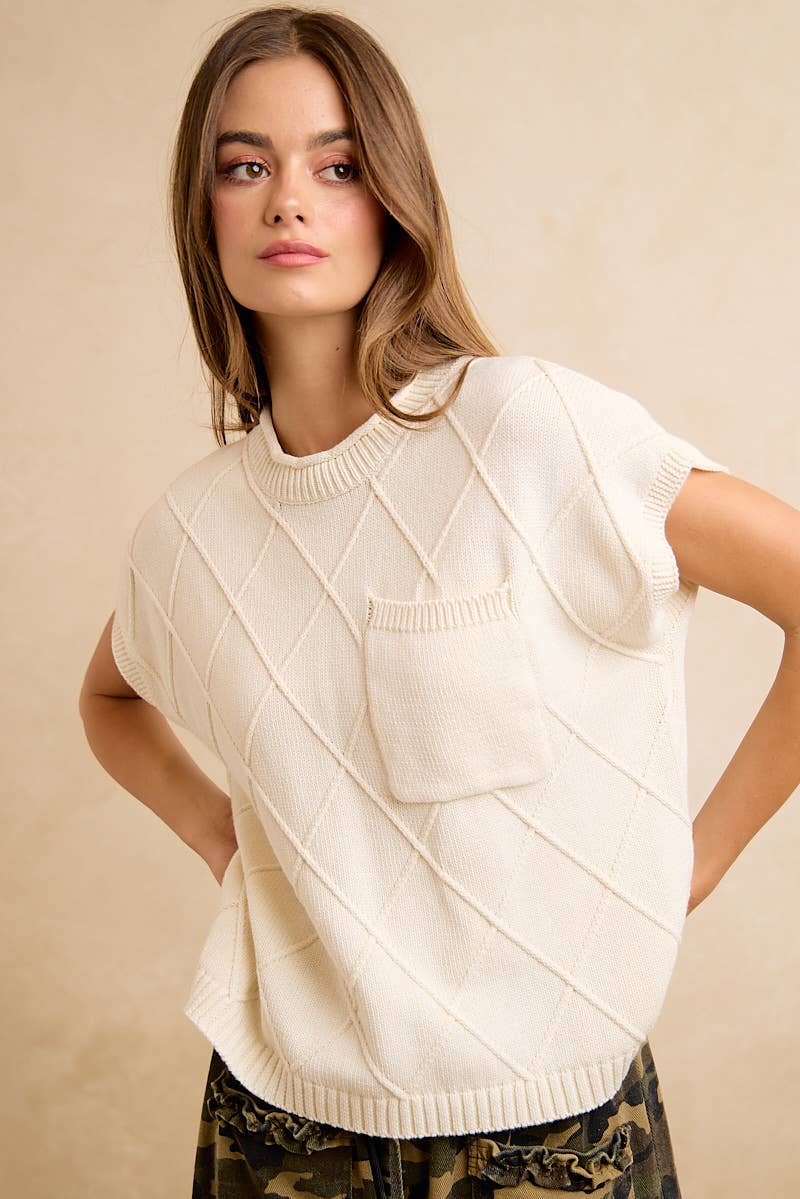 DIAMOND PATTERN WASHED KNIT DROP SHOULDER TOP