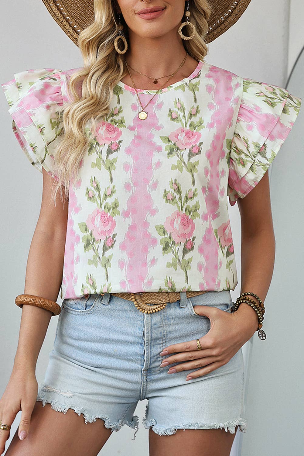 Floral Print Striped Ruffled Sleeve Top