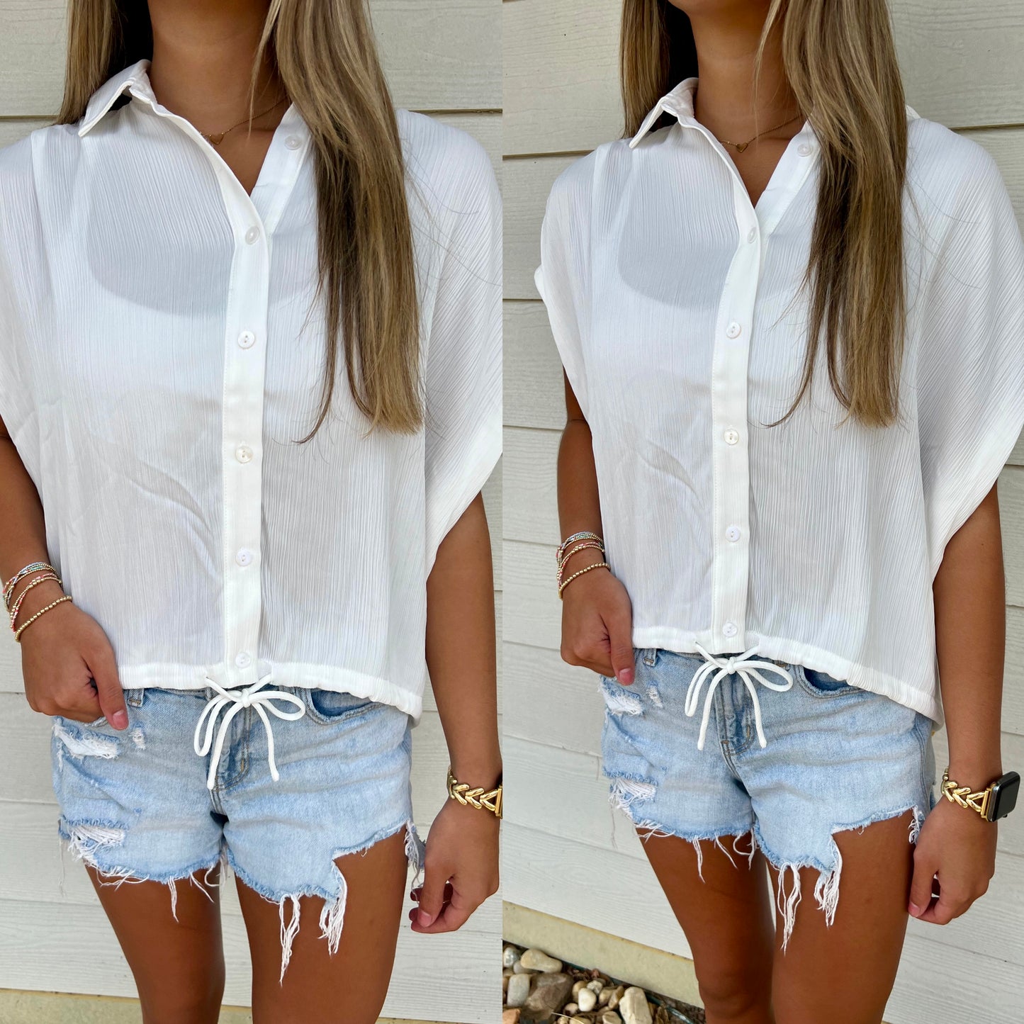 Textured button down Top-White