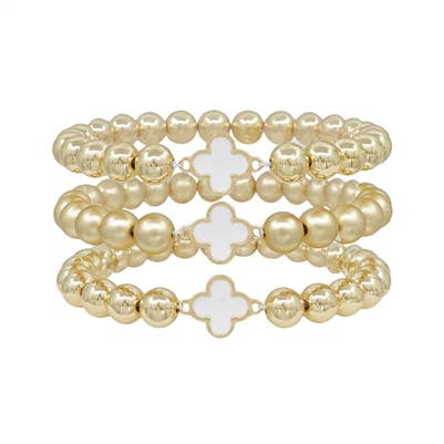 Gold Beaded Stretch Bracelets Set of 3 with White Clover