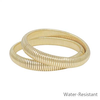 Water-Resistant Gold Ribbed Set of 2 Stretch Bracelet
