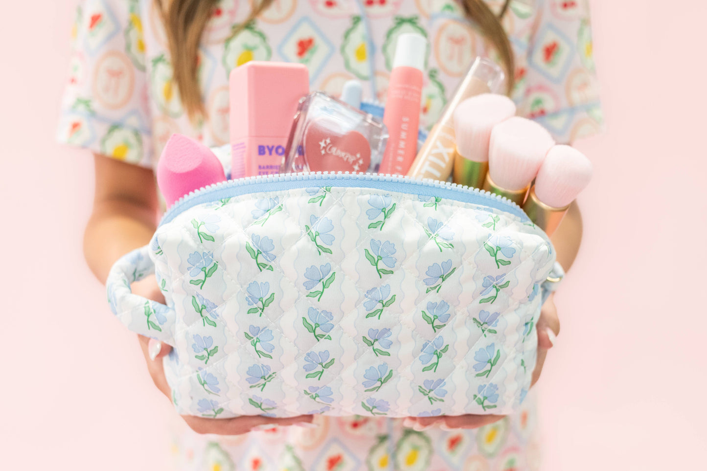 Quilted Cosmetic Pouch with Side Handle - Blue Belle Floral