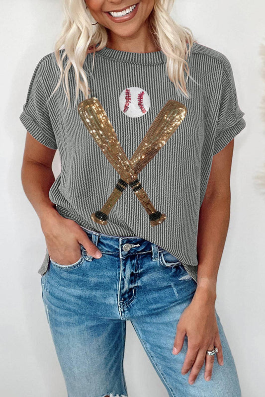 Sequin Baseball Pattern Corded Crewneck Top