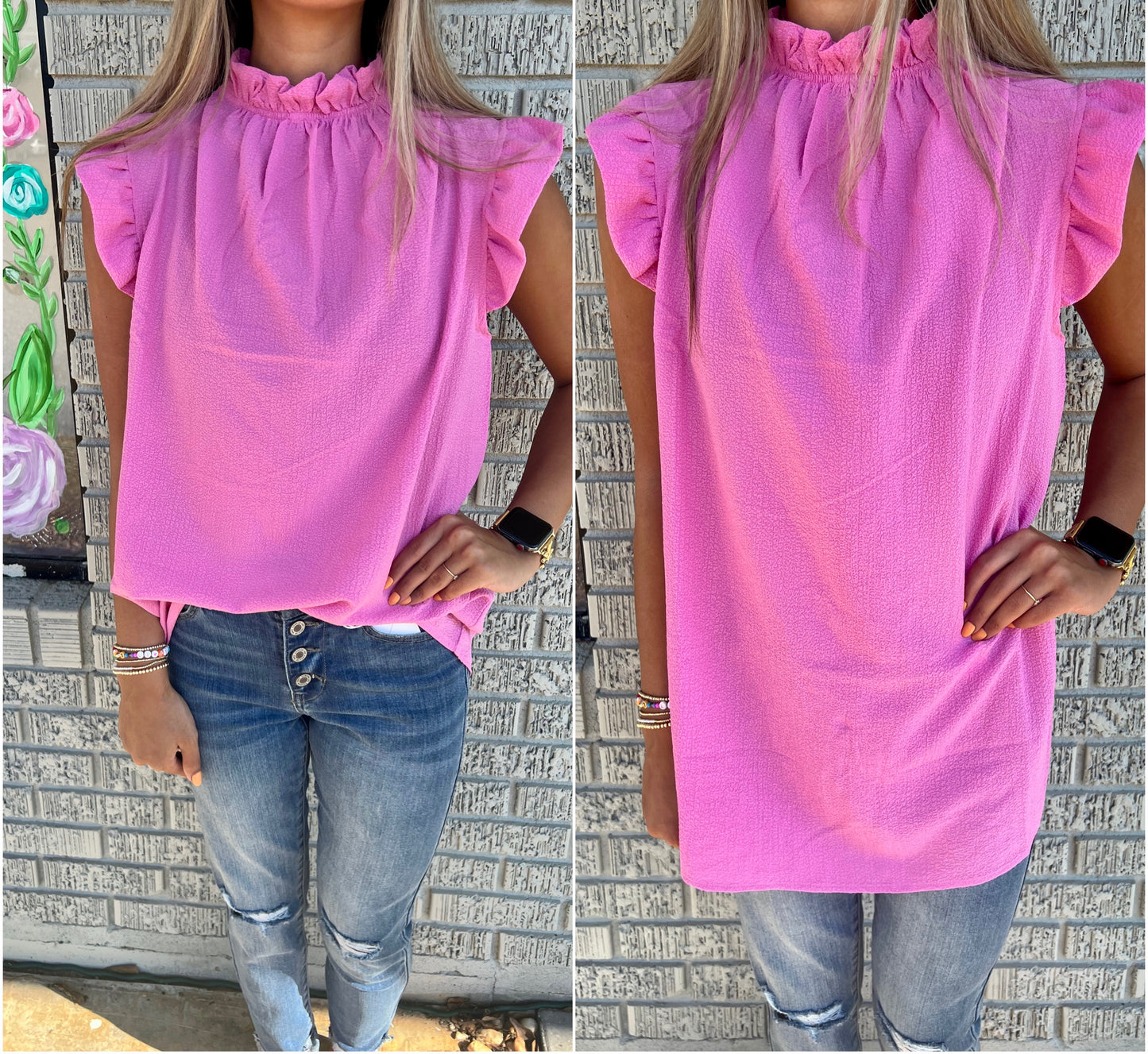 Frill Sleeve Mock Neck Top - Mauve