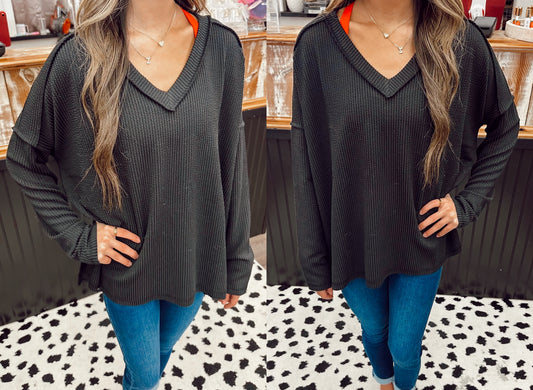 Corded Rib Long Sleeve V Neck Top - Black