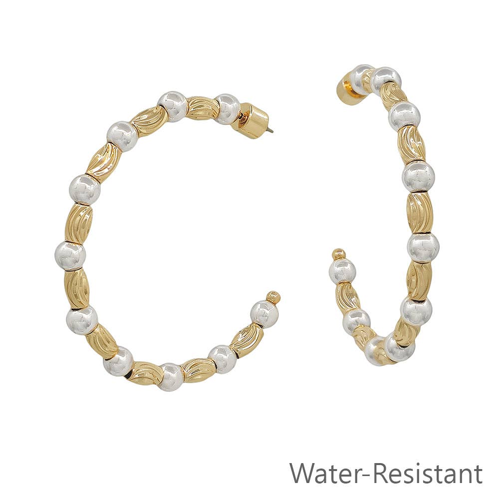 Gold and Silver Textured Oval and Beaded 2" Hoop Earrings