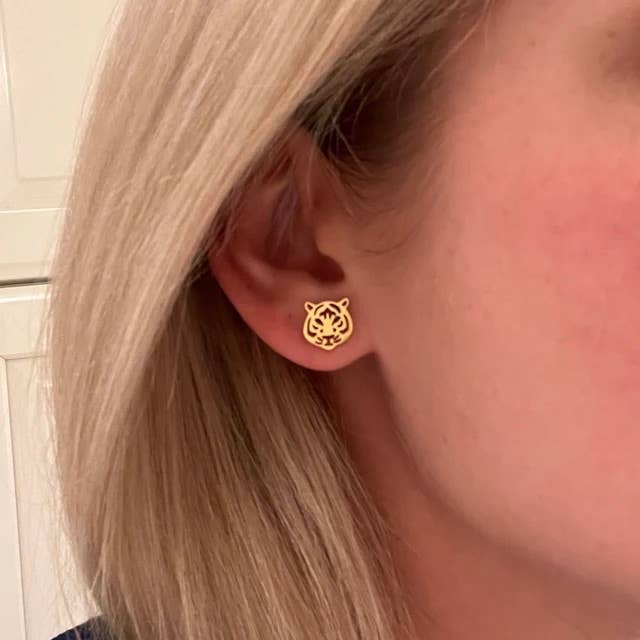 Tiger Head Gold Stud Earrings