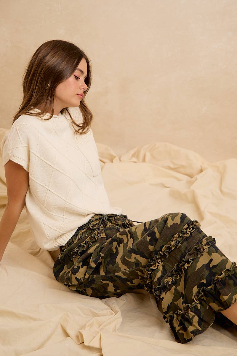 DIAMOND PATTERN WASHED KNIT DROP SHOULDER TOP
